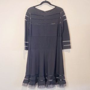 Tadashi Shoji Lace Panel Pleated Formal Midi Dress Ruffle Black Size M Petite